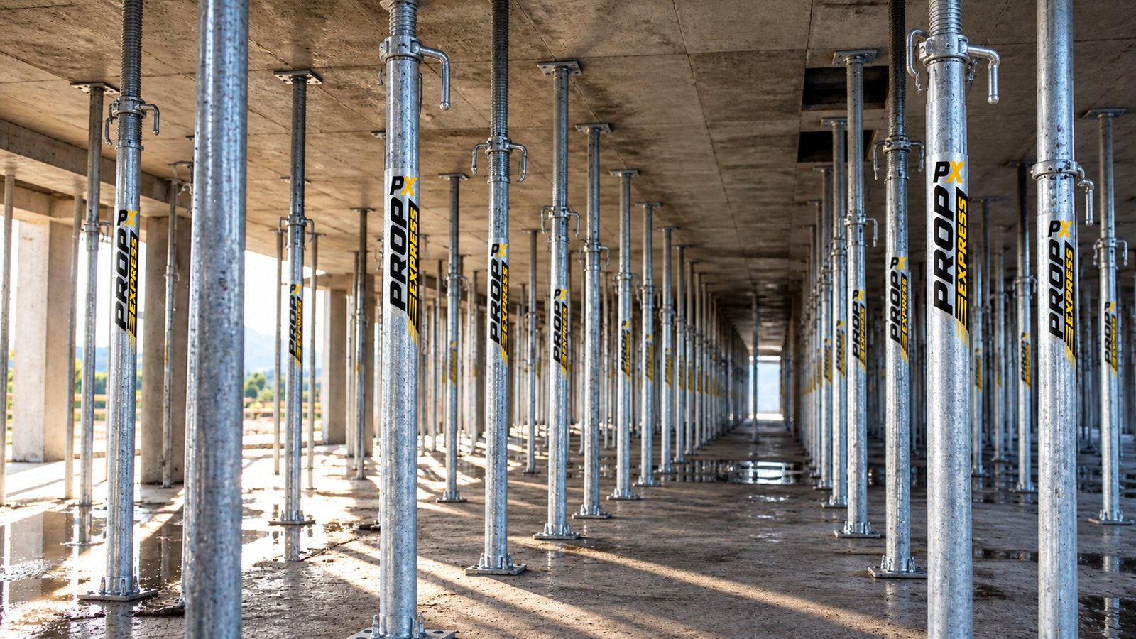 Rows of adjustable steel props supporting a concrete slab on a construction site